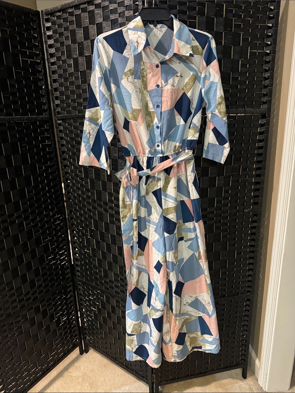 SHEIN Geometric Print Button-Front jumpsuit in Blue, Pink & Olive